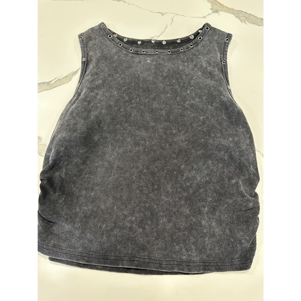 Charcoal Grey Acid Wash Grommet Eyelet Ribbed Tank Top 3XL